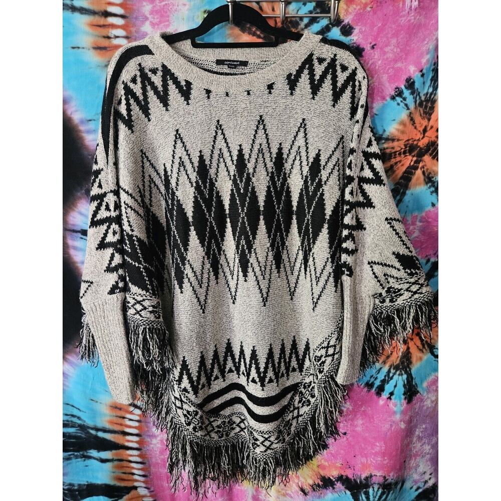 Color Swatch Black & Gray Colorful Fringe Poncho Sweater Women's S/M